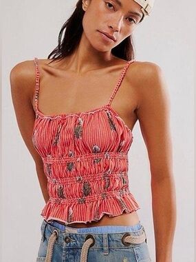 Free People Coral Pink Striped Smocked Camisole